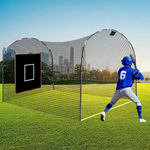 Heavy Duty 4x6 Ft Baseball Hitting Backstop With Strike Zone For Backyard Training, player batting PVC net backstop.
