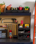 Large Stackable Plastic Shelf Bins 8 Pack Open Front Organizer For Parts Tools Hardware Pantry Garage 13 Inch Long By 6 Inch Wide By 5 Inch High Made In USA Black, used on a garage workbench.