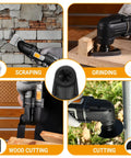 Hardcore 2.5 Amp Oscillating Multi Tool Corded Electric Workhorse With Sick 3000 To 22000 RPM Output Six Variable Speeds And An Ergonomic Soft Grip Handle For Smashing Wood Metal And Drywall Projects showing multiple cutting and scraping applications.