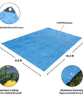 Blue 10 X 20 Ft Waterproof Tarp Cover With 4 Mil Thick Poly Material, showing double reinforced corners and aluminum grommets.