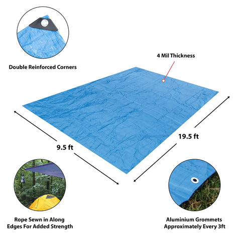 Blue 10 X 20 Ft Waterproof Tarp Cover With 4 Mil Thick Poly Material, showing double reinforced corners and aluminum grommets.