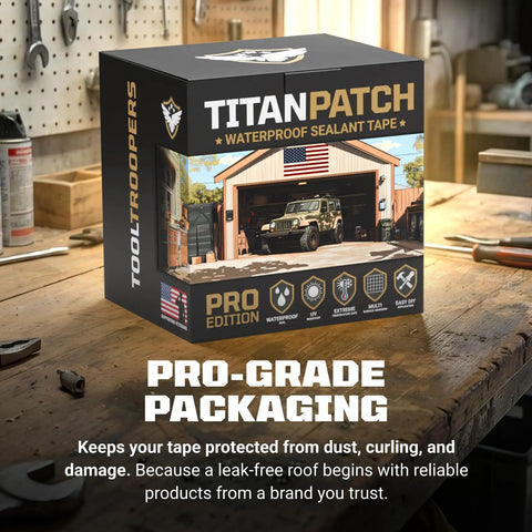 Titan Patch box displaying Waterproof Sealant Tape That Stops Leaks Fast And Sticks Tight For 15 Plus Years 4 Inch By 20 Foot Roll