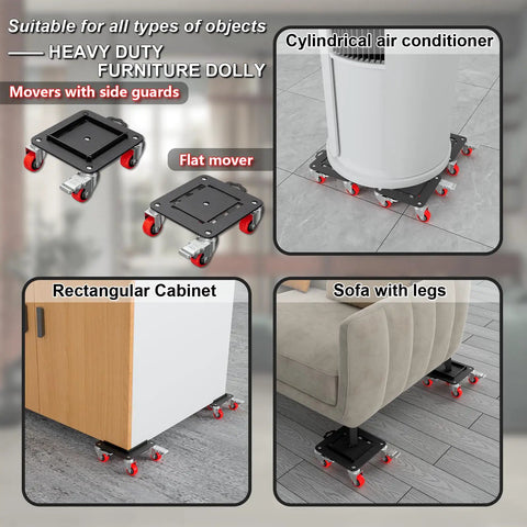 Upgrade Your Room Move Game With This Heavy Duty Furniture Dolly, showcasing flat mover and side guard on various furniture.