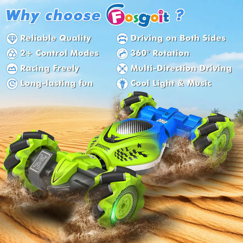 Gesture RC Car 2.4GHz 4WD Hand Control And Gesture Sensing Stunt Car for Kids on sandy terrain, showcasing green-blue color and features.
