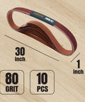 Top Shelf 1X30 Sanding Belts 10 Pack 80 Grit Aluminum Oxide, 30 inch by 1 inch, showing a stacked view of sanding belts.