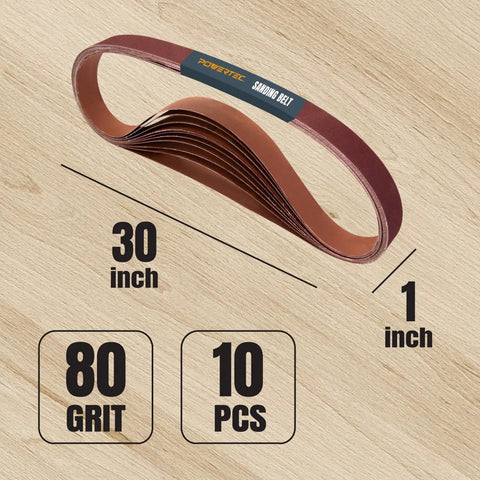 Kickass 1x30 Sanding Belts 10 Pack Featuring 80 Grit Aluminum Oxide For Belt Grinders And Disc Sanders showing belt and dimensions.