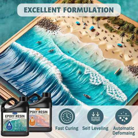 Close-up of 64 Oz Epoxy Resin Kit Two Pack 32 Oz Each Clear Casting And Coating Epoxy For Wood Table Tops And Craft Projects Fast Curing No Yellowing High Gloss Safe To Use Bubbles Free Crystal Clear with ocean scene on resin surface.