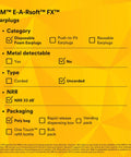 3M E-A-Rsoft FX Uncorded Disposable Foam Earplugs, NRR 33 dB, product features matrix on yellow background