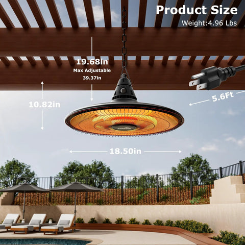 1500W Infrared Ceiling Outdoor Heater With Quick 1 Second Heat Wall Mounted Hanging Patio Heater For Gazebo And Balcony 360 Degree Heating Weatherproof Brown Finish For Year Round Outdoor Comfort installed on patio ceiling