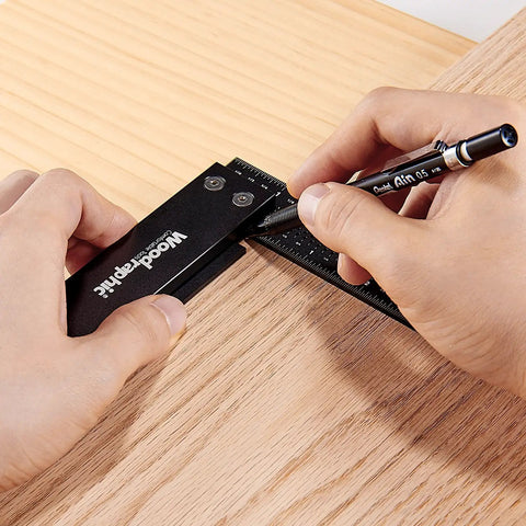 Using Pro Grade Precision Square Ruler For Marking And Measuring In Carpentry - 4 Inch Aluminum Frame Tool on wood panel