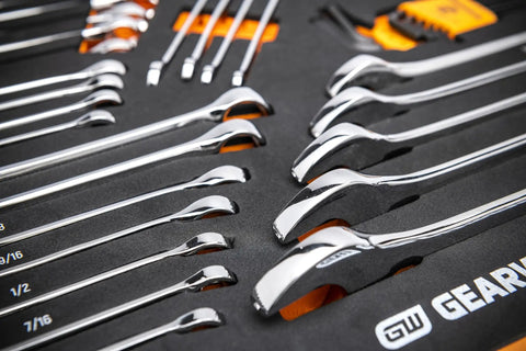 Chrome wrenches in foam trays from the 791 Piece Master Mechanics Tool Set With Premium Modular Foam Trays And GSX Mobile Tool Storage.