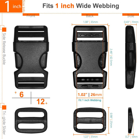 Heavy Duty 1 Inch Nylon Webbing Strap Kit With 6 Yards, 6 Pack Side Release Buckles, 12 Tri Glide Sliders, shown front and side view