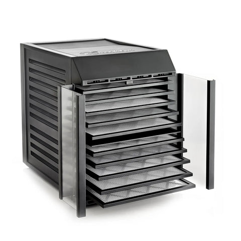 Super Durable 10 Tray Electric Food Dehydrator Featuring Smart Digital Interface And Quick Dual Drying Zones, with open trays.