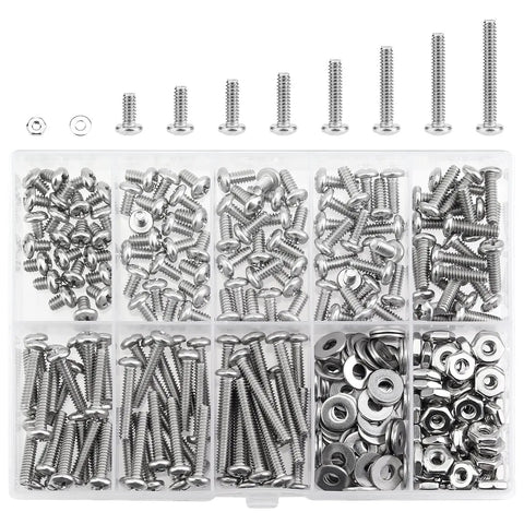 All-In-One 240-Piece Phillips Pan Head Machine Screws Kit With Nuts And Washers Size 6-32 Coarse Thread Fully Threaded 304 Stainless Steel Includes 10 Sizes For DIY Projects organized in a box