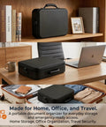 Fireproof Document Box With Lock Soft Shell in black, shown on a shelf, desk with 14-inch laptop, and packed in suitcase.