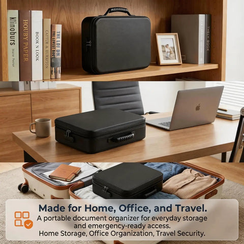Fireproof Document Box With Lock Soft Shell in black, shown on a shelf, desk with 14-inch laptop, and packed in suitcase.