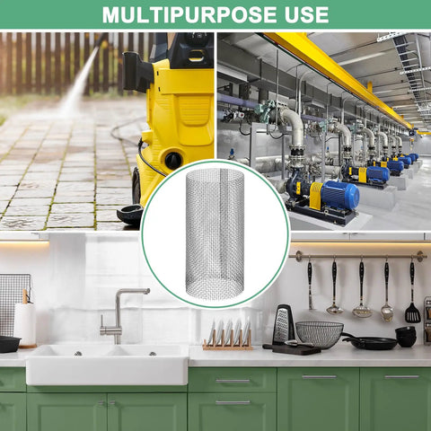 2 Pack 20 Mesh Stainless Steel Filter Screens For Inline Water Filters And Pumps Reusable Sediment Strainer Replacement For Garden Hoses Pressure Washers RVs And More Heavy Duty White, shown with various applications like pressure washing and kitchen use.