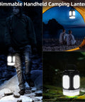 Rechargeable Camping Lantern With Five Sided Lighting, 1000 Lumens in use by hiker and illuminating a campsite.