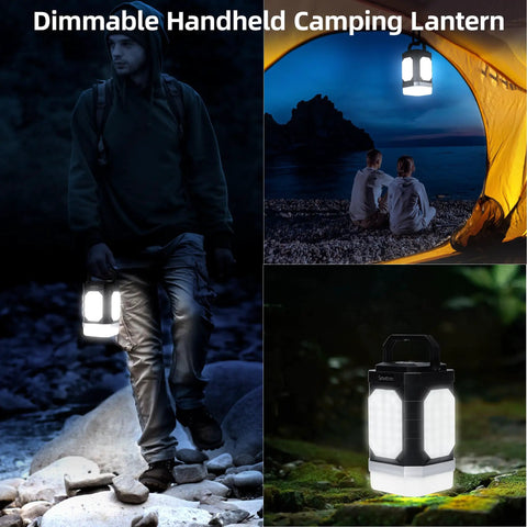Rechargeable Camping Lantern With Five Sided Lighting, 1000 Lumens in use by hiker and illuminating a campsite.