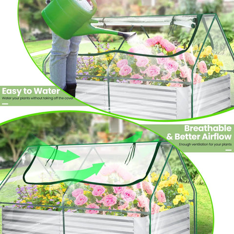 Galvanized Raised Garden Bed With Cover And Mini Greenhouse Kit featuring easy watering and roll-up screen windows for airflow.
