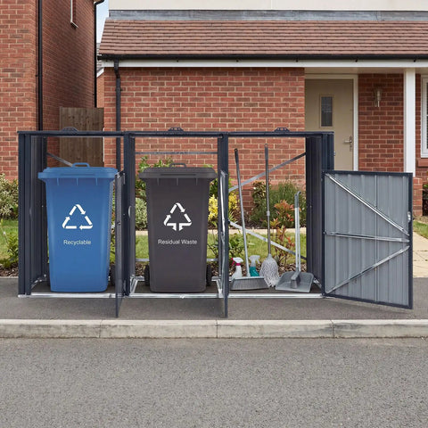 Heavy Duty Outdoor Trash Can Storage Shed For Three Bins With Flip Up Lids And Lockable Doors Galvanized Steel Utility Enclosure