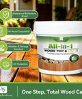 Slick All In One Cedar Wood Stain And Sealer One Gallon Non Toxic waterproof finish in a white bucket on wooden surface.