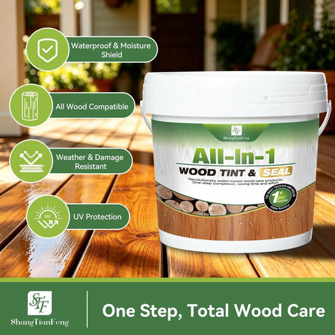 Slick All In One Cedar Wood Stain And Sealer One Gallon Non Toxic waterproof finish in a white bucket on wooden surface.
