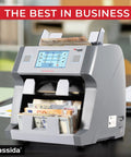 Cassida 9900R V2 Bill Counter Machine With Printer, gray cash handling machine with mixed currency, touch screen display.