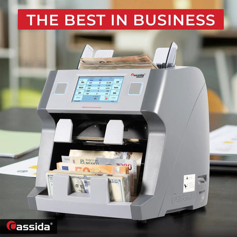 Cassida 9900R V2 Bill Counter Machine With Printer, gray cash handling machine with mixed currency, touch screen display.