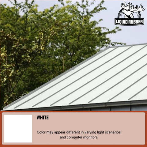 Color Roof Sealant For Flat And Low Slope Or Metal Roofs A Flexible UV Stable Elastomeric Waterproof Coating White 1 Gallon shown on metal roof.