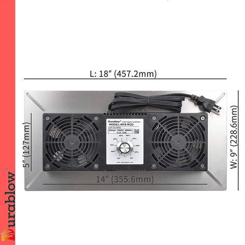 220 CFM Stainless Steel Crawl Space Vent Fan Kit With Dual Fans, Dehumidistat And Thermostat shown with dimensions