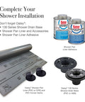 Shower installation kit with Oatey shower pan liner, adhesive, and drain base for complete setup.
