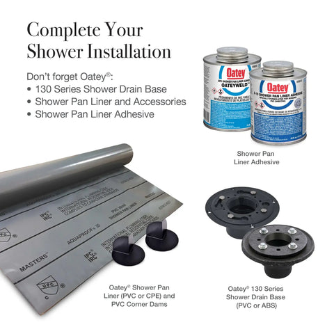 Shower installation kit with liner, adhesive, and drain base components displayed