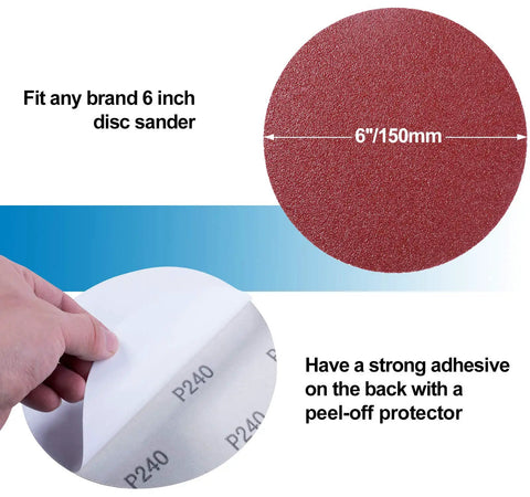 Pro Grade 6 Inch Sanding Discs Set showing adhesive backing and size, compatible with random orbital and belt disc sanders