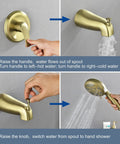 Brushed Gold Tub And Shower Faucet Set With Waterfall Spout Wall Mount Shower System Includes 5 Inch Shower Head And 9 Setting Handheld Sprayer Valve Included Easy Install Modern Bath Upgrade shown with operational features.