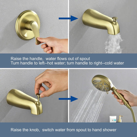 Brushed Gold Tub And Shower Faucet Set With Waterfall Spout Wall Mount Shower System Includes 5 Inch Shower Head And 9 Setting Handheld Sprayer Valve Included Easy Install Modern Bath Upgrade shown with operational features.