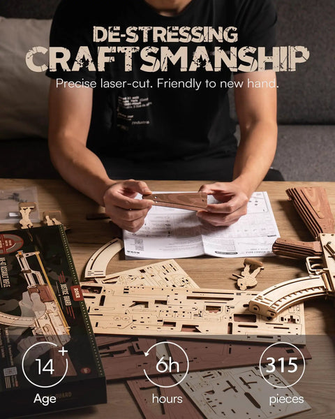 Person assembling Wooden 3D AK47 Puzzle Model With Rubber Band Shooter Detachable Magazine And Two Fire Modes Cool DIY Wood Craft Kit For Adults