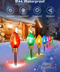 Two Pack Jumbo C9 Christmas Pathway Lights For Outdoor Decor, 17 feet total with ten multicolor LED bulbs, stakes included, installed in snow
