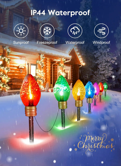 Two Pack Jumbo C9 Christmas Pathway Lights For Outdoor Decor, 17 feet total with ten multicolor LED bulbs, stakes included, installed in snow