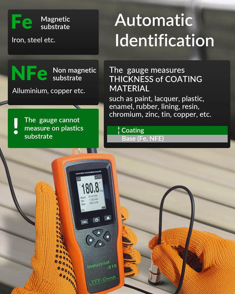 Industrial-Grade Coating Thickness Gauge With External Probe For Marine And Steelwork, Measures 0-197 mil (0-5000 microns) Fe And 0-120 mil (0-3000 microns) NFe, 0.001 mil Resolution, Factory, Zero, And Multi-Point Calibration, PC Connectivity handheld with probe