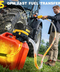 Grab And Run Cordless Fuel Transfer Pump With Smart Auto Shutoff And Slick Hand Trigger Nozzle Battery Powered Plus 12V Plug For Gas Or Diesel Heavy Duty Garage Rig in use transferring fuel.