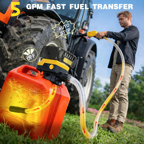 Grab And Run Cordless Fuel Transfer Pump With Smart Auto Shutoff And Slick Hand Trigger Nozzle Battery Powered Plus 12V Plug For Gas Or Diesel Heavy Duty Garage Rig in use transferring fuel.