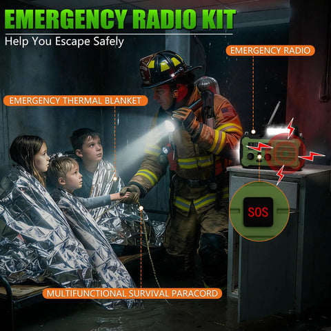 Firefighter assisting children with Emergency Hand Crank Solar Radio With 10000mAh Battery And 37000mWh Power Bank, NOAA AM FM Weather Radio.