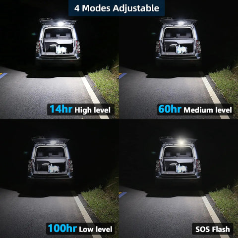 4000LM Rechargeable Hangin Camping Tent Light With Magnet showing four lighting modes illuminating car tailgate.