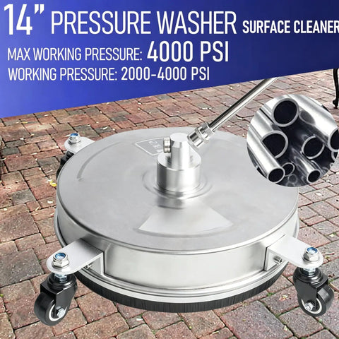 14 Inch Pro Grade Pressure Washer Surface Cleaner With Stainless Steel Body And Four Wheels For Concrete Patio Deck And Pathways One Quarter Inch Quick Connector Includes Two Extension Wands And Replacement Nozzles Up To 4000 PSI