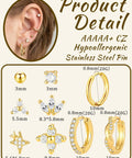 Gold Stud Earrings Set For Women With Nine Pairs Of CZ Flower, Ball, And Star Huggie Hoops For Multiple Piercings, Flat Back Cartilage Tragus Earrings, Stacks, Gold Silver Plated, Everyday Shine. 10mm hoops and 3mm studs