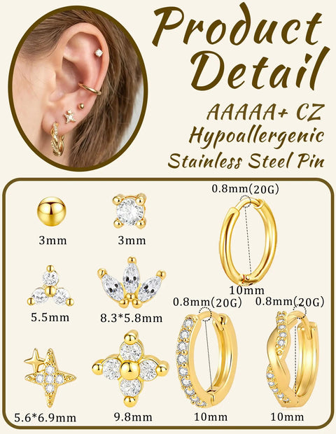 Gold Stud Earrings Set For Women With Nine Pairs Of CZ Flower, Ball, And Star Huggie Hoops For Multiple Piercings, Flat Back Cartilage Tragus Earrings, Stacks, Gold Silver Plated, Everyday Shine. 10mm hoops and 3mm studs