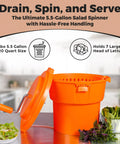 Heavy Hitter Commercial Salad Spinner With 5.5 Gallon 20 Quart Capacity shown with lid, handle, and greens ready for drying.