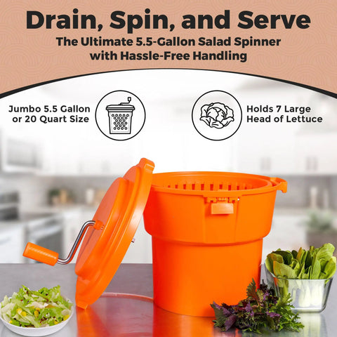 Heavy Hitter Commercial Salad Spinner With 5.5 Gallon 20 Quart Capacity shown with lid, handle, and greens ready for drying.