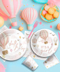 Pink Hot Air Balloon Baby Shower Tableware Set Disposable For Girly Baby Shower Decor Includes Plates Cups Napkins And Cutlery